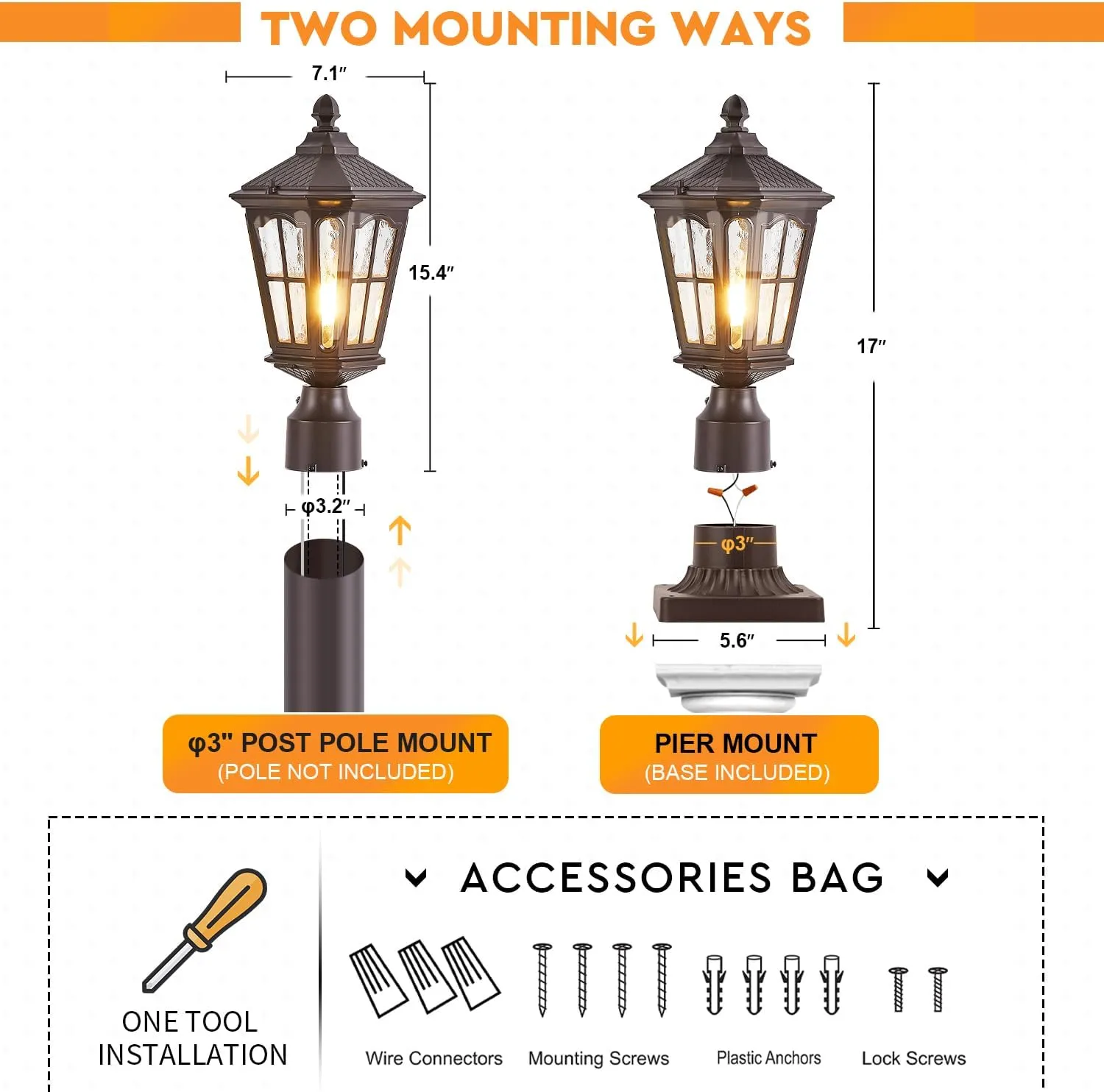 Dusk to Dawn Post Light Brown, Lamp Post Light with Pier Mount Base, Aluminum Exterior Pillar Light Fixture with Water Ripple Glass, Oil Rubbed Bronze Pole Light for Garden, Patio, Pathway