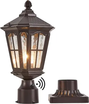Dusk to Dawn Post Light Brown, Lamp Post Light with Pier Mount Base, Aluminum Exterior Pillar Light Fixture with Water Ripple Glass, Oil Rubbed Bronze Pole Light for Garden, Patio, Pathway