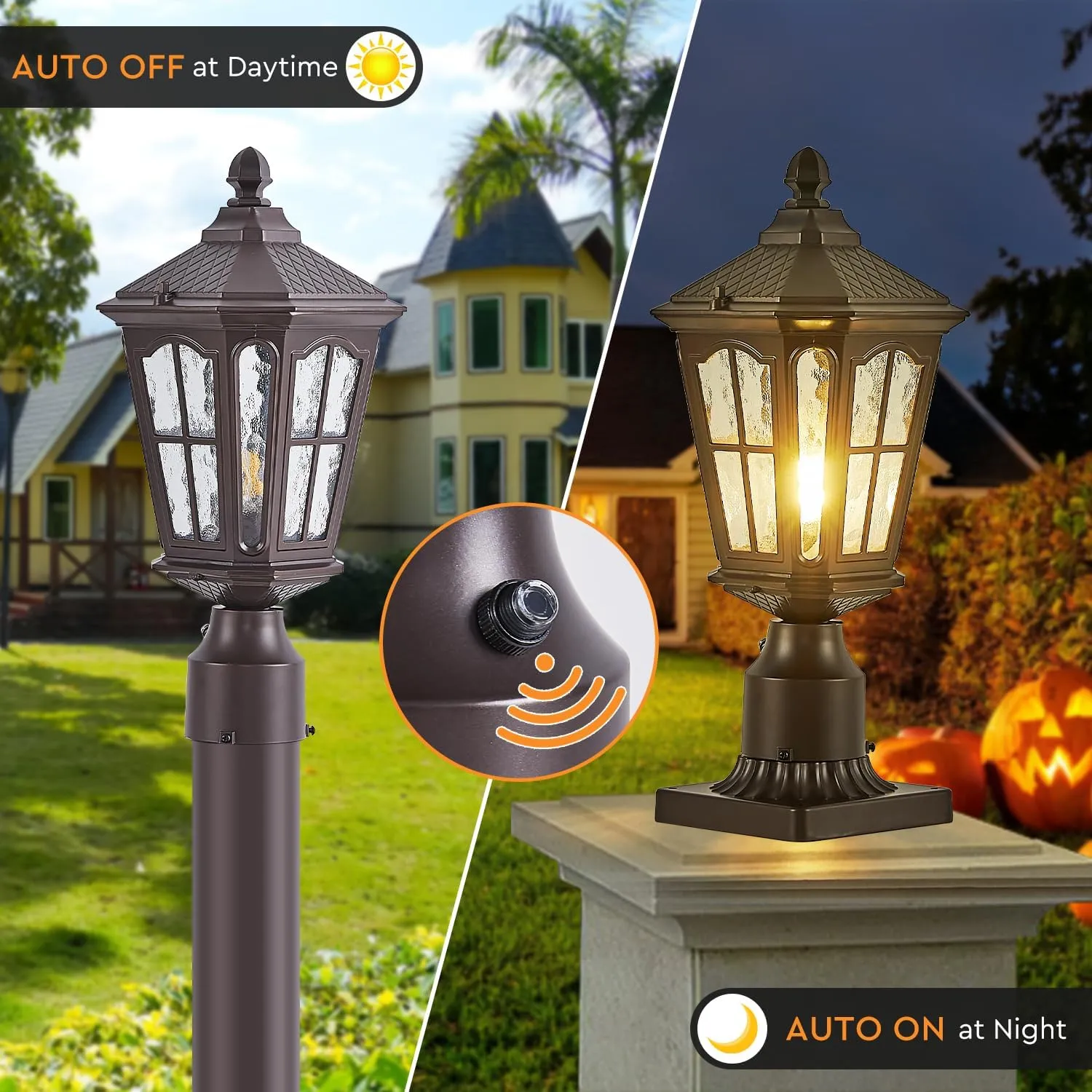 Dusk to Dawn Post Light Brown, Lamp Post Light with Pier Mount Base, Aluminum Exterior Pillar Light Fixture with Water Ripple Glass, Oil Rubbed Bronze Pole Light for Garden, Patio, Pathway