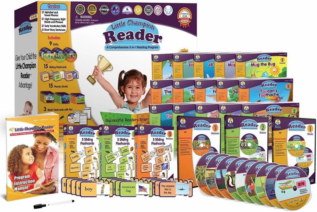 Early Reading Program for Baby, Toddler, Preschool, Kindergarten- Alphabet, Vowel Phonics & 200  Sight Words - Little Champion Reader 9 DVD, Flash Card, Book Kit