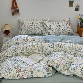 EAVD Vintage Style Garden Floral Duvet Cover Queen Soft Cotton Chic Shabby Colorful Leaves Floral Bedding Set with 2 Pillowcases Fresh Botanical Duvet Cover with Zipper Closure