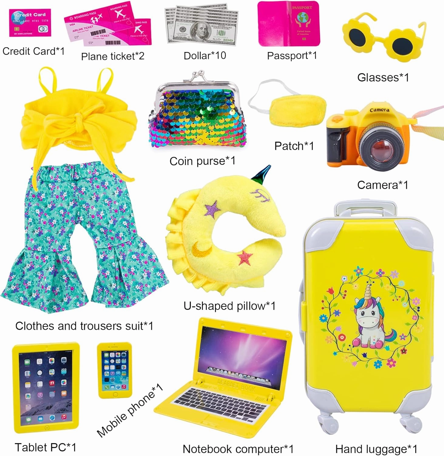 ebuddy Doll Clothes and Accessories 18 Inch Doll Travel Set with Unicorn Printed Luggage Suitcase Fit for 18 inch Girl Doll,Most 18 Inch Dolls(No Doll)