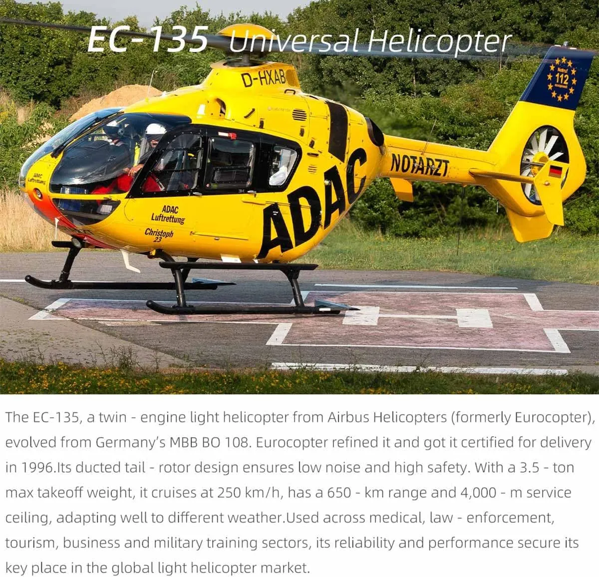 EC135 470-Class RC Simulation Helicopter Model, 2.4G 6CH 4 Detachable Propellers, RC Aircraft with H1 Flight Controller, Beidou GPS Positioning (RTF/Mode 1/Mode 2 Switchable)