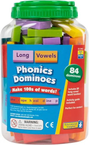 Educational Insights Phonics Dominoes – Long Vowels - Manipulative for Classroom & Home, Set of 84 Dominoes in 6 Colors, Ages 6 