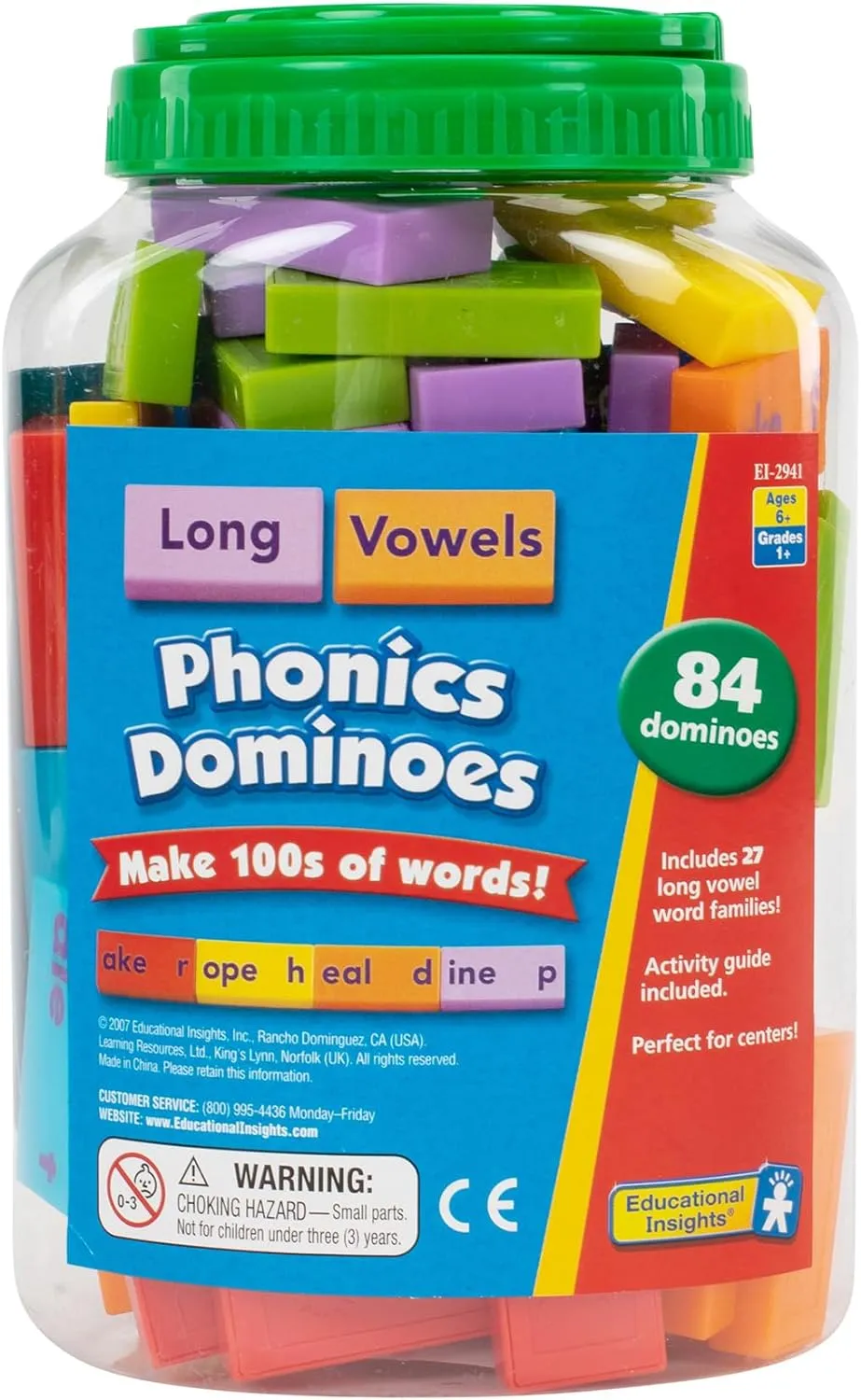 Educational Insights Phonics Dominoes – Long Vowels - Manipulative for Classroom & Home, Set of 84 Dominoes in 6 Colors, Ages 6 
