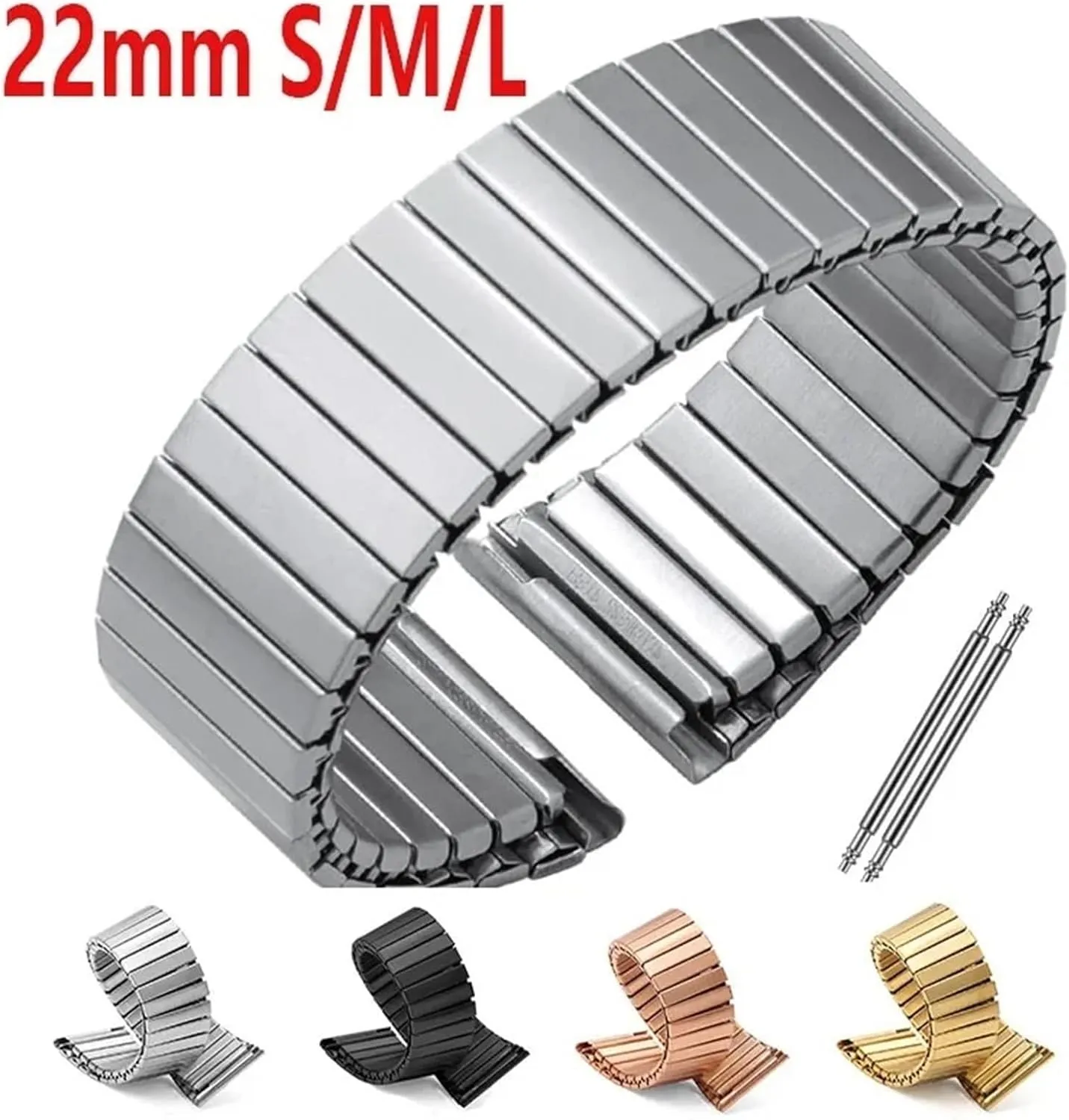 Elastic Metal Watchband 22mm Strap Stainless Steel Bracelet Universal Replacement Wristband Silver Expansion Band Accessories