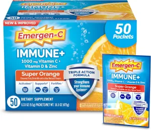 Emergen-C Immune  Triple Action Immune Support Powder, BetaVia (R), 1000mg Vitamin C, B Vitamins, Vitamin D and Antioxidants, Super Orange – 50 Count