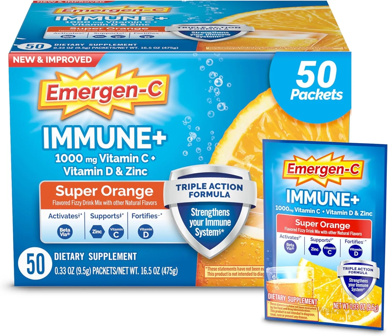 Emergen-C Immune  Triple Action Immune Support Powder, BetaVia (R), 1000mg Vitamin C, B Vitamins, Vitamin D and Antioxidants, Super Orange – 50 Count