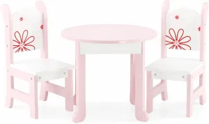 Emily Rose 18 Inch Doll Pink Wooden Kitchen Table and 2 Chair Dining Room Set | 18-in Doll Furniture Accessory - Floral Theme - USA Business