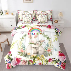 Erosebridal Pink Floral Rabbit Comforter Set Queen 7 Piece Colorful Butterfly Flower Bed in a Bag Rustic Home Decor,Tree Branch Green Leaf Bedding Set with 2 Sheets,2 Pillowcases,2 Throw Pillow Covers