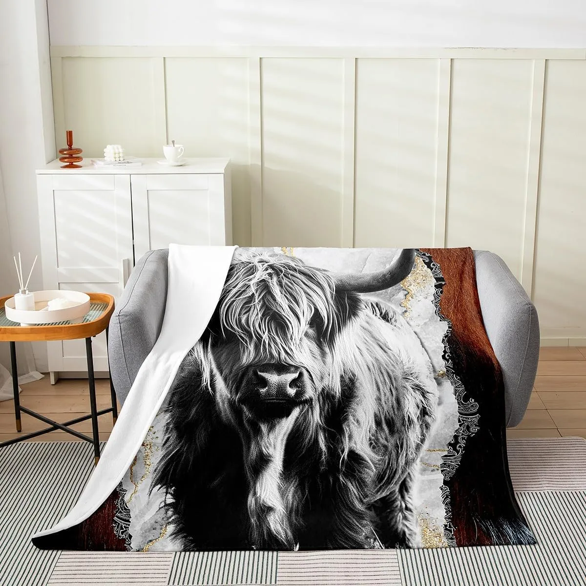 Erosebridal Rustic Highland Cow Throw Blanket Bull Cattle Blanket,Vintage Gold Grey Marble Cow Cowhide Print Fleece Blanket for Kids Boys Men Wildlife Farmhouse Cow Fur Flannel Blanket,40x50