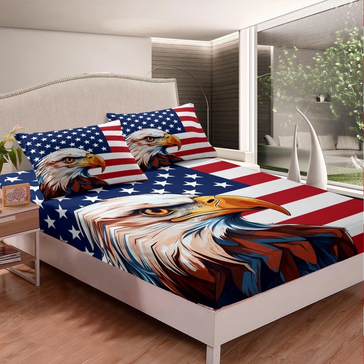 Erosebridal American Flag Bedding Set, Eagle Fitted Sheet Twin Size for Kids Teens Adult, United States Bed Sheets Boys USA Federations Stars Stripe Bedding Decor Set, Blue Red and White