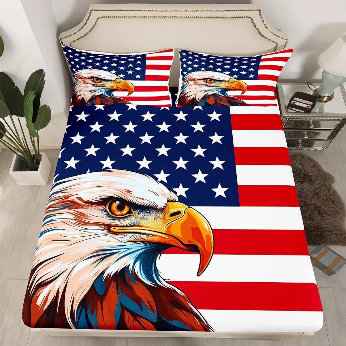 Erosebridal American Flag Bedding Set, Eagle Fitted Sheet Twin Size for Kids Teens Adult, United States Bed Sheets Boys USA Federations Stars Stripe Bedding Decor Set, Blue Red and White