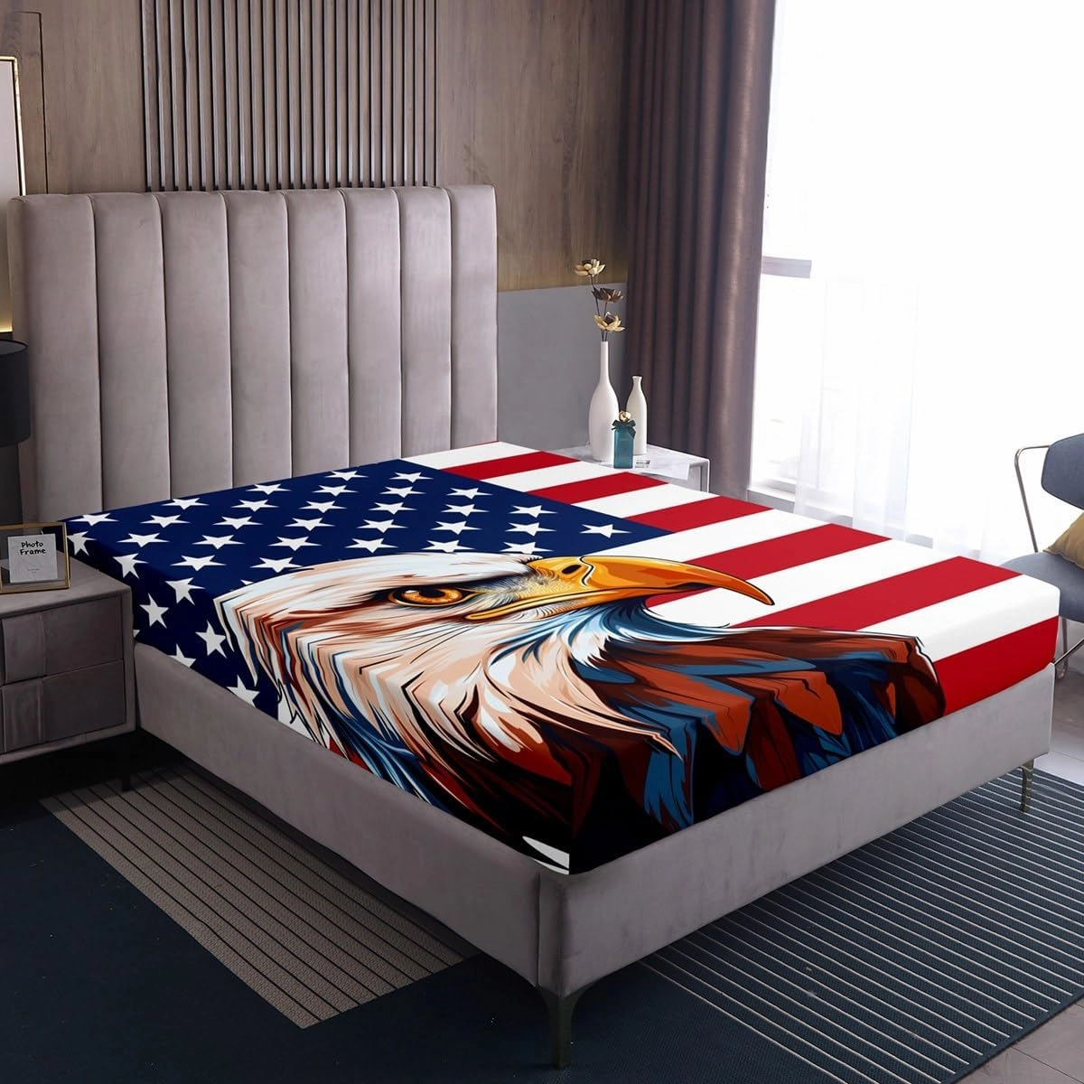 Erosebridal American Flag Bedding Set, Eagle Fitted Sheet Twin Size for Kids Teens Adult, United States Bed Sheets Boys USA Federations Stars Stripe Bedding Decor Set, Blue Red and White