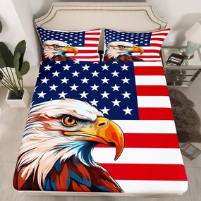 Erosebridal American Flag Bedding Set, Eagle Fitted Sheet Twin Size for Kids Teens Adult, United States Bed Sheets Boys USA Federations Stars Stripe Bedding Decor Set, Blue Red and White