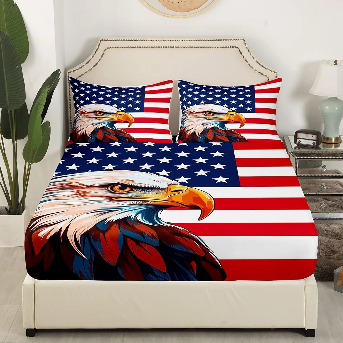 Erosebridal American Flag Bedding Set, Eagle Fitted Sheet Twin Size for Kids Teens Adult, United States Bed Sheets Boys USA Federations Stars Stripe Bedding Decor Set, Blue Red and White