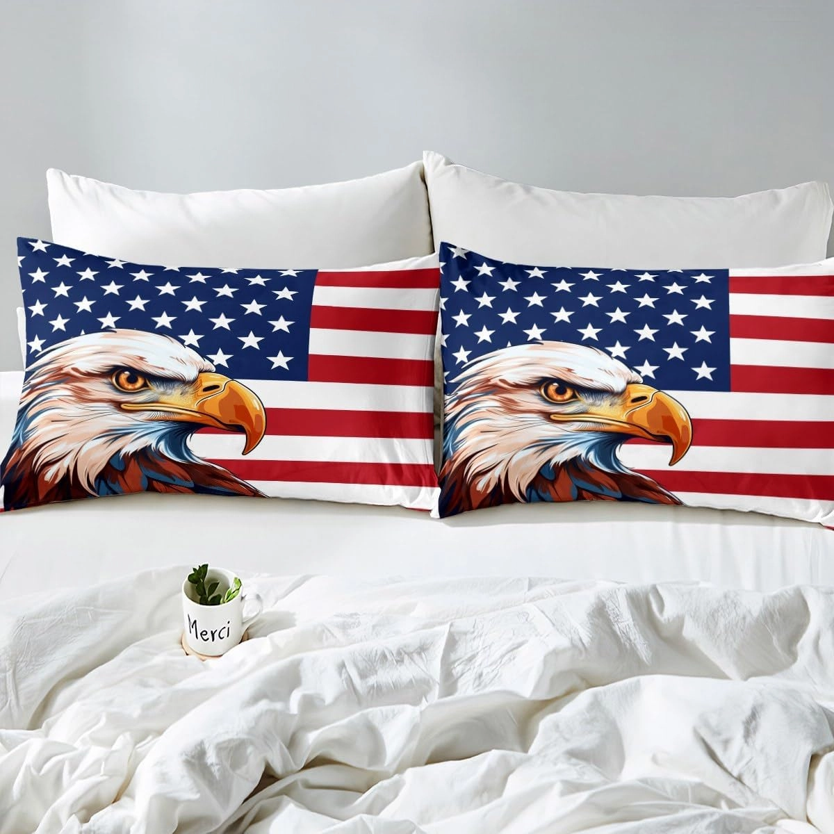 Erosebridal American Flag Bedding Set, Eagle Fitted Sheet Twin Size for Kids Teens Adult, United States Bed Sheets Boys USA Federations Stars Stripe Bedding Decor Set, Blue Red and White