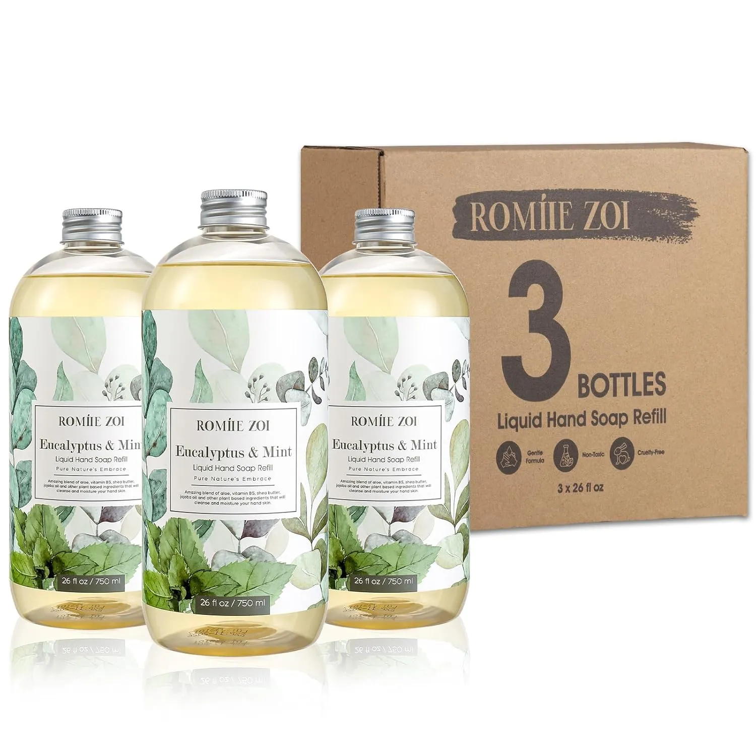 Eucalyptus & Mint Liquid Hand Soap Refills, Gentle & Moisturizing Formula, Natural Cruelty-Free Soap, Large 750 ML Bottles Bulk for Kitchen, Bathroom, and Dispensers (26 FL OZ, Pack of 3)