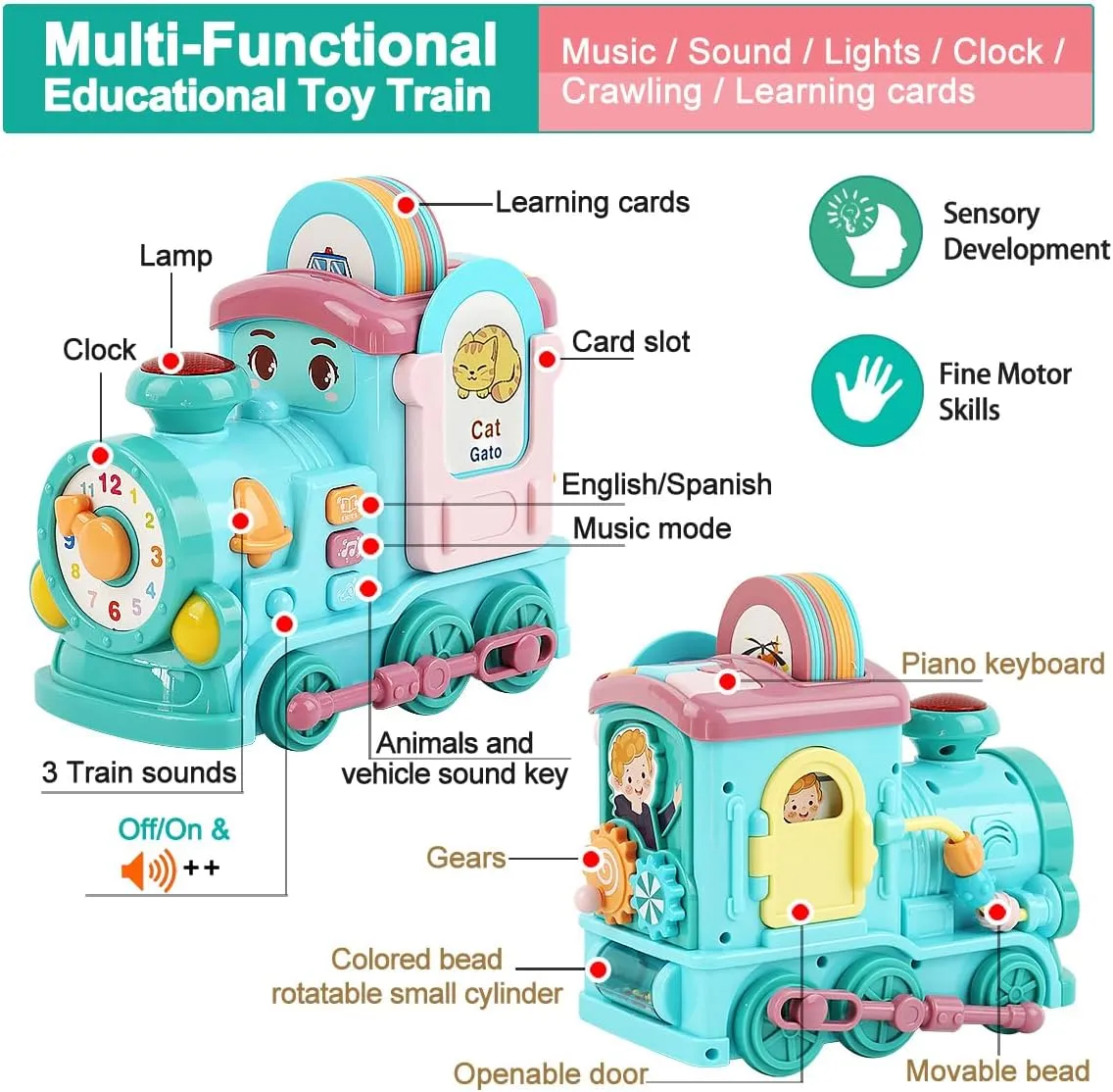 Eudcational Toys Train for Toddlers 2-4 Girl Boy, Montessori Toys Smart Learning Toy with Music/Sounds/Lights/Clock/Talking Flash Cards,Crawling,Kids Toy Develop Fine Motor Skills (Blue)