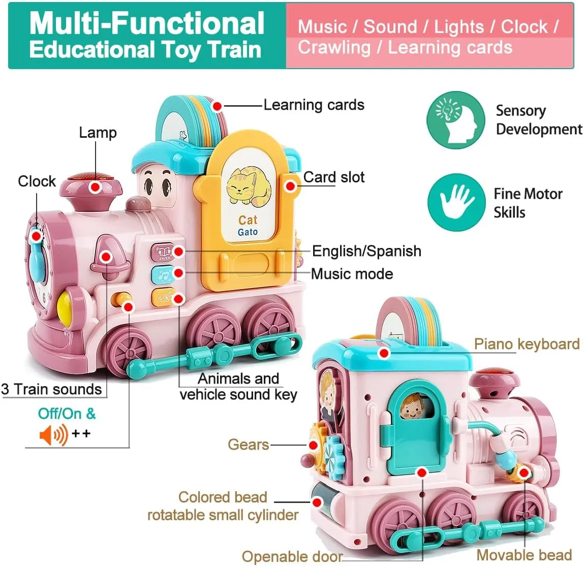 Eudcational Toys Train for Toddlers 2-4 Girl Boy, Montessori Toys Smart Learning Toy with Music/Sounds/Lights/Clock/Talking Flash Cards,Crawling,Kids Toy Develop Fine Motor Skills (Pink)
