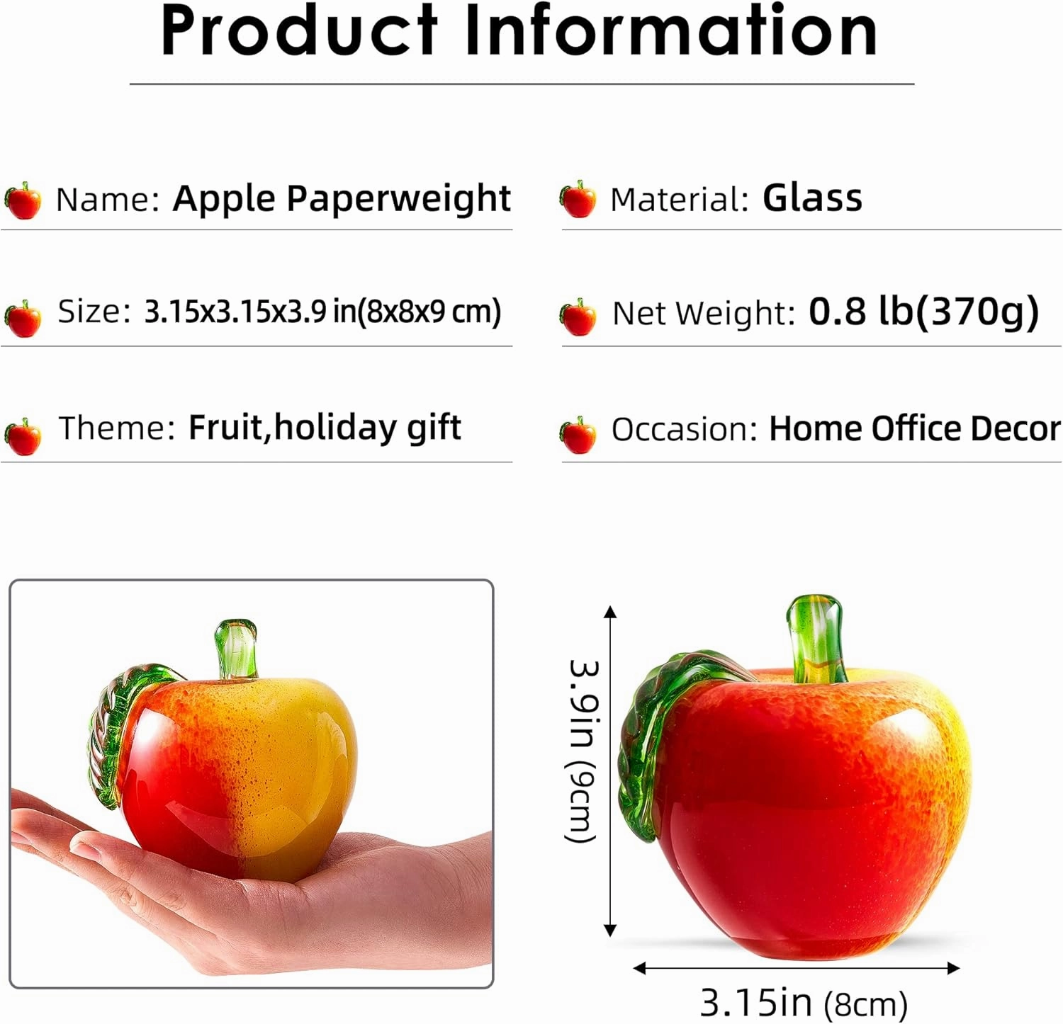 EUSTUMA Hand Blown Art Glass Apple Collectible Figurines,Glass Apple Paperweight,Christmas Eve Gifts,Home Decoration,Office Decoration.