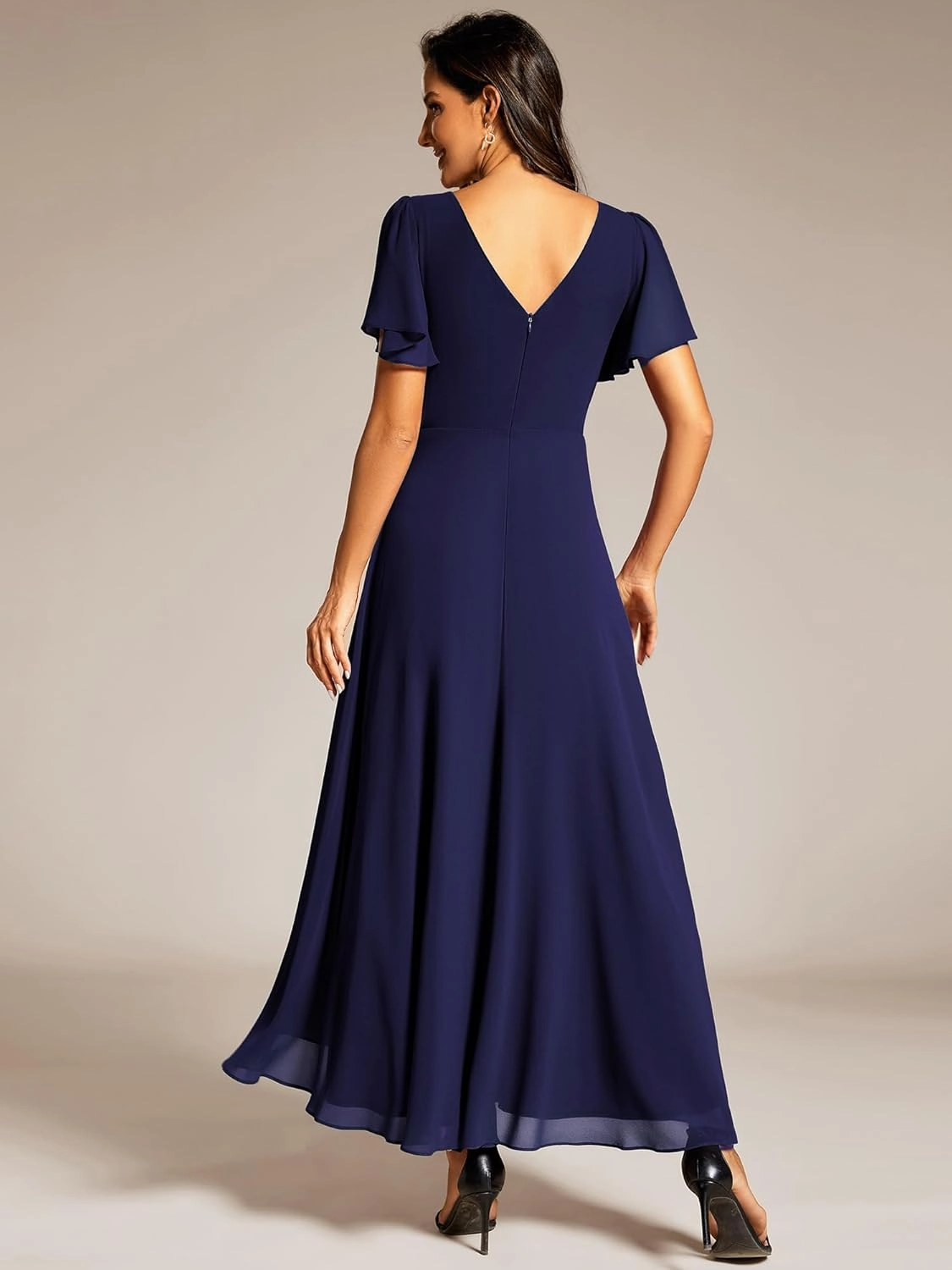 Ever-Pretty Women's Formal Dress V Neck Ruffles Sleeves Empire Waist A Line Pleated Chiffon Evening Dresses 41981