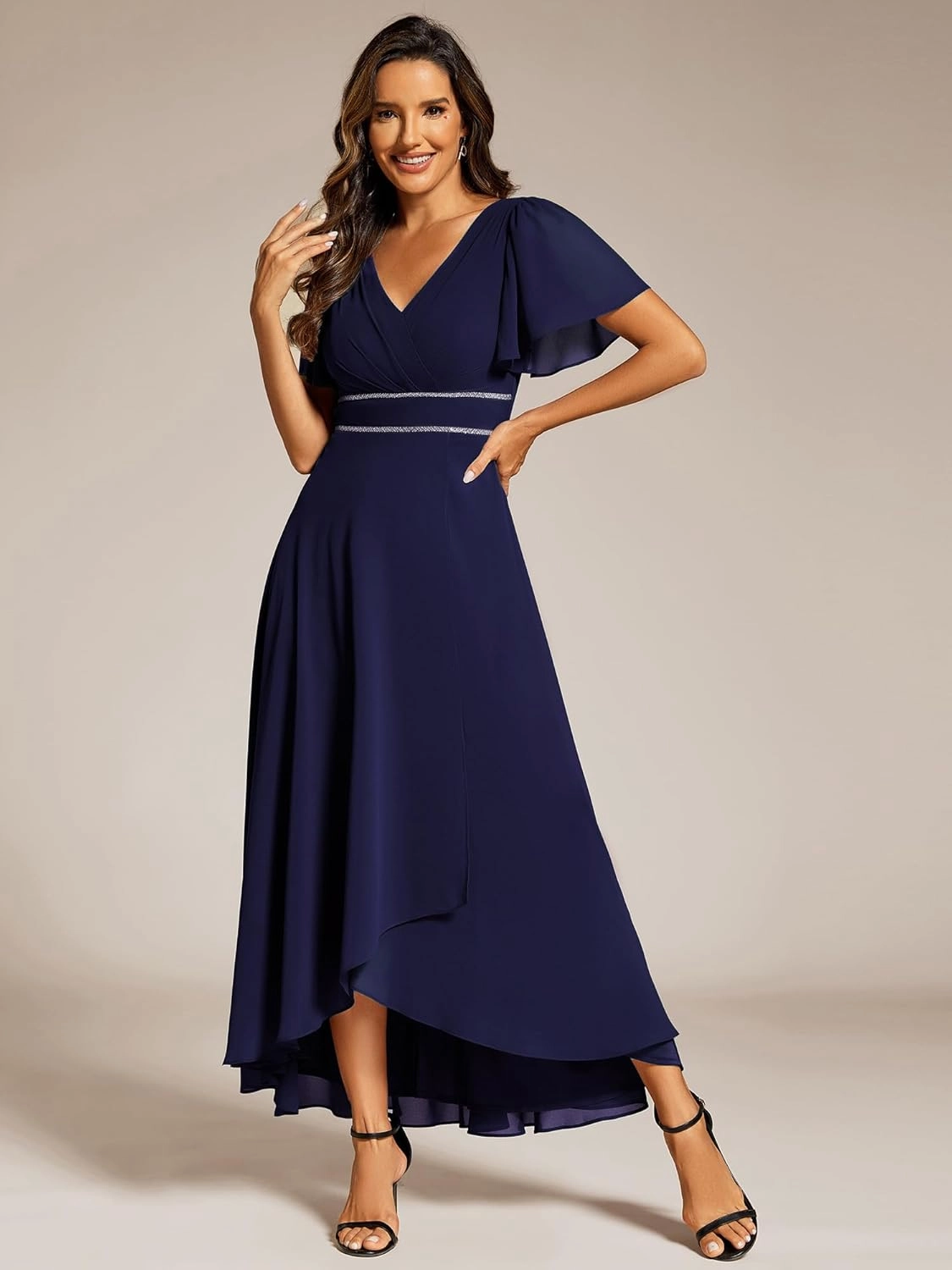 Ever-Pretty Women's Formal Dress V Neck Ruffles Sleeves Empire Waist A Line Pleated Chiffon Evening Dresses 41981