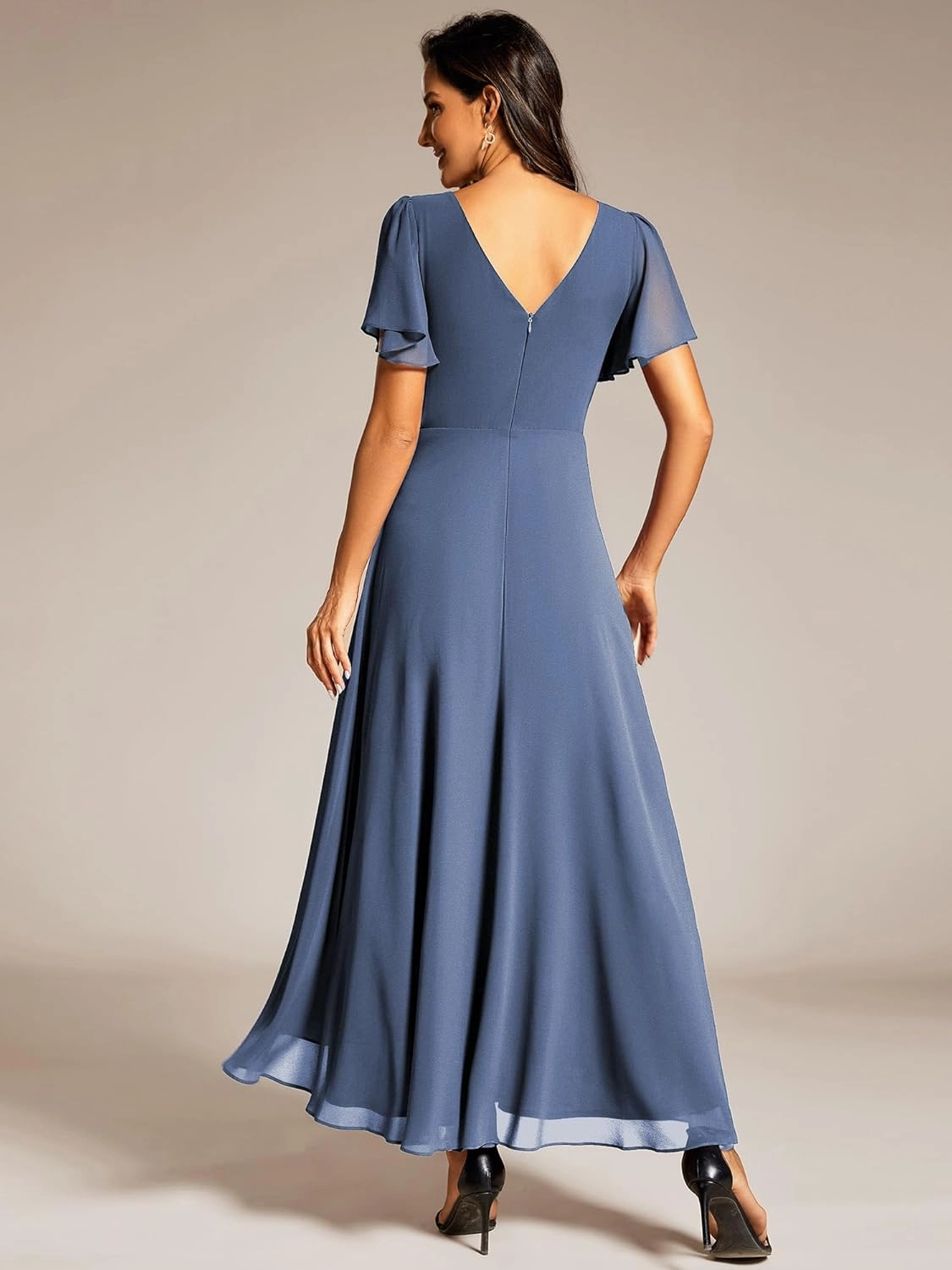 Ever-Pretty Women's Formal Dress V Neck Ruffles Sleeves Empire Waist A Line Pleated Chiffon Evening Dresses 41981