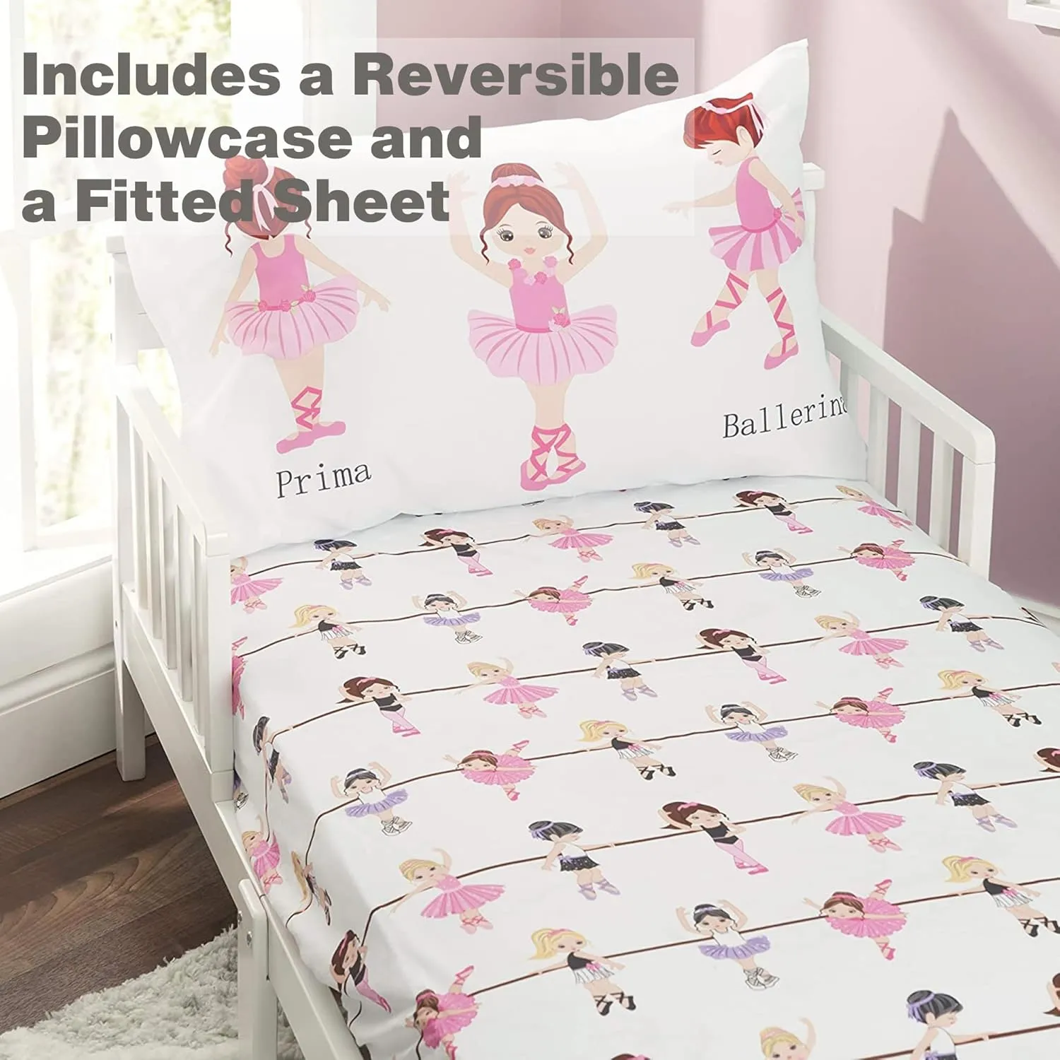 EVERYDAY KIDS Toddler Fitted Sheet and Pillowcase Set -Born to Dance Ballerina- Soft Microfiber, Breathable and Hypoallergenic Toddler Sheet Set