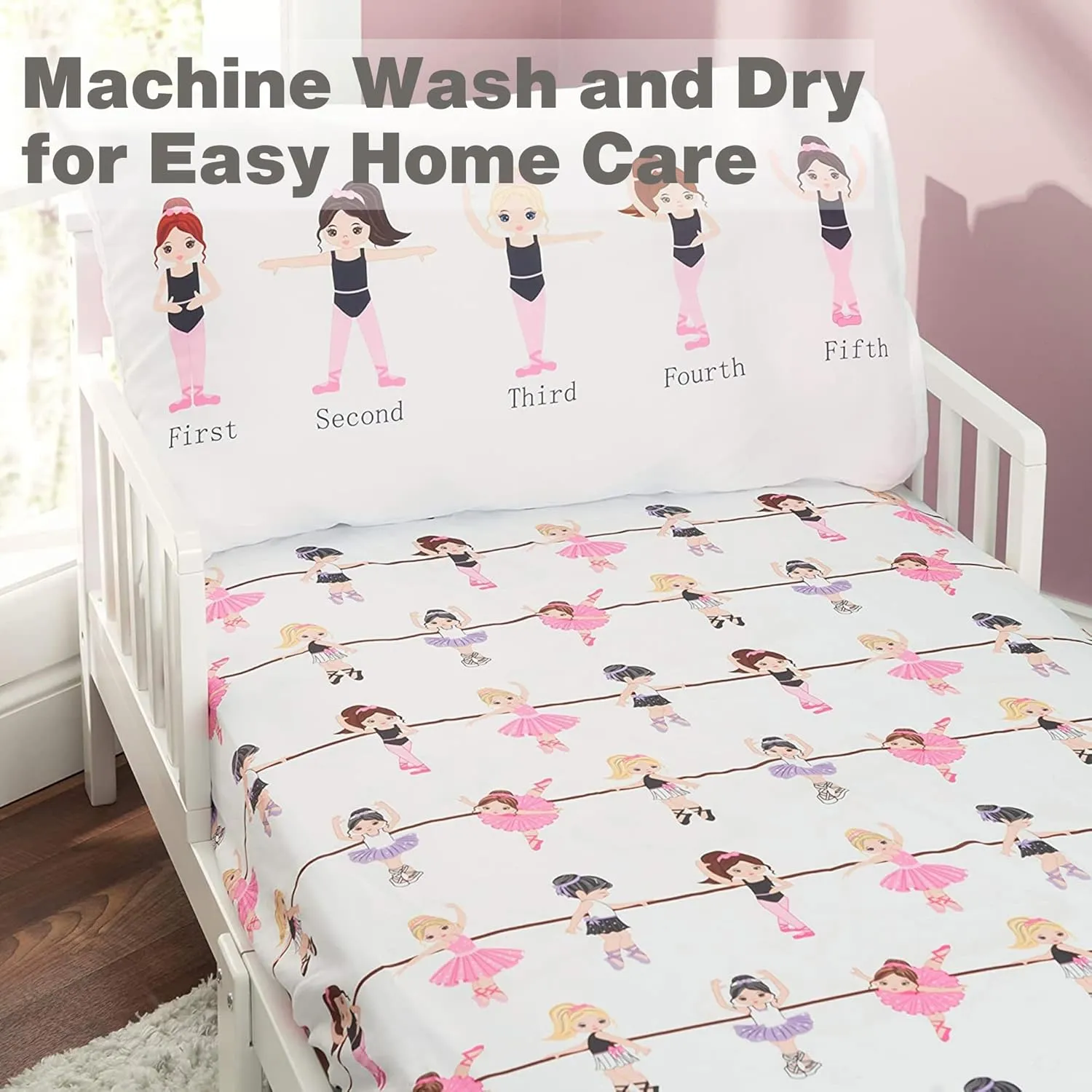 EVERYDAY KIDS Toddler Fitted Sheet and Pillowcase Set -Born to Dance Ballerina- Soft Microfiber, Breathable and Hypoallergenic Toddler Sheet Set