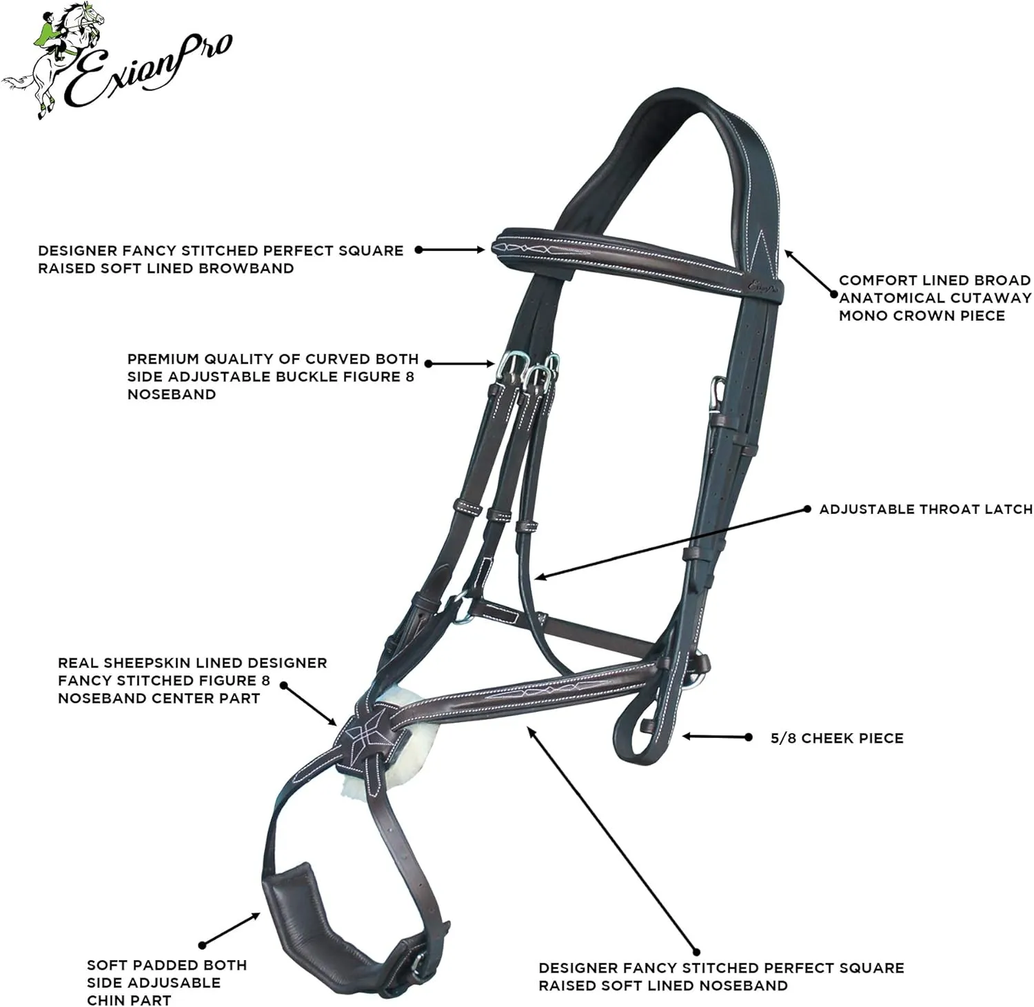 Exion Figure 8 English Jumping Bridle with Soft Padding & Rubber Reins | Anatomical Mono Crown | Grakle Noseband Mexican Bridle with Brass Buckles | Premium Horse Bridle for Jumping & Eventing