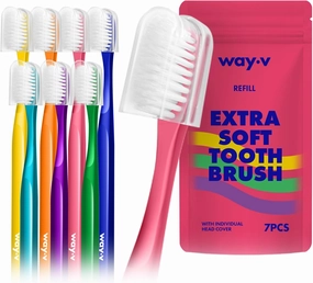 Extra Soft Toothbrush Refill for Adults Sensitive Gums and Teeth with Individual Head Covers, 7 Pcs Manual Toothbrushes - Family and Guests - Pink (7 Counts, Soft Bristle)