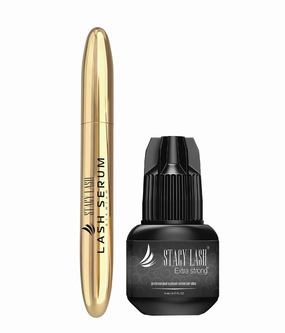 Extra Strong Eyelash Extension Glue 5ml & Stacy Lash Serum 5ml for Lashes Growth & Thickness/Enhancing Natural Eyelashes/with Biotin / 0.5-1Sec Drying Time/Retention 7 Weeks/Black Adhesive