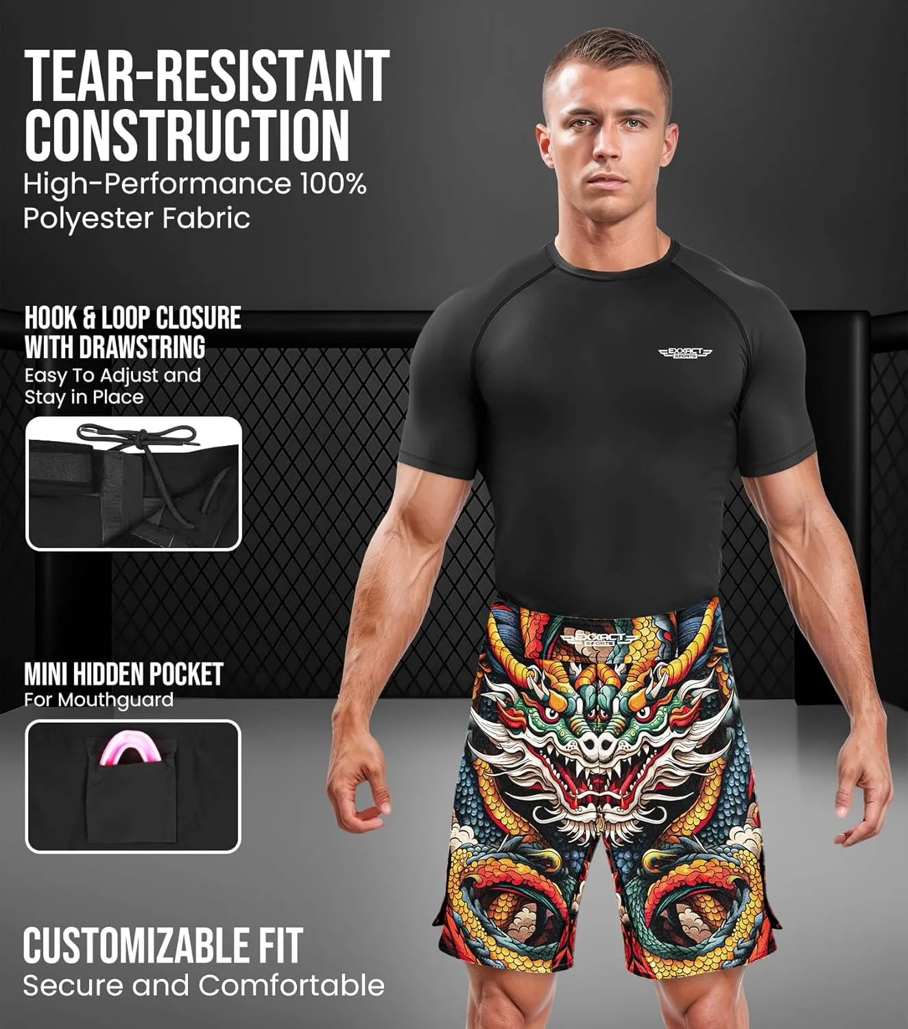 Exxact Sports Pro MMA Shorts, No-Gi BJJ Jiu Jitsu Shorts for Men, Boxing, UFC, Cross Training, Kickboxing & Grappling Shorts.