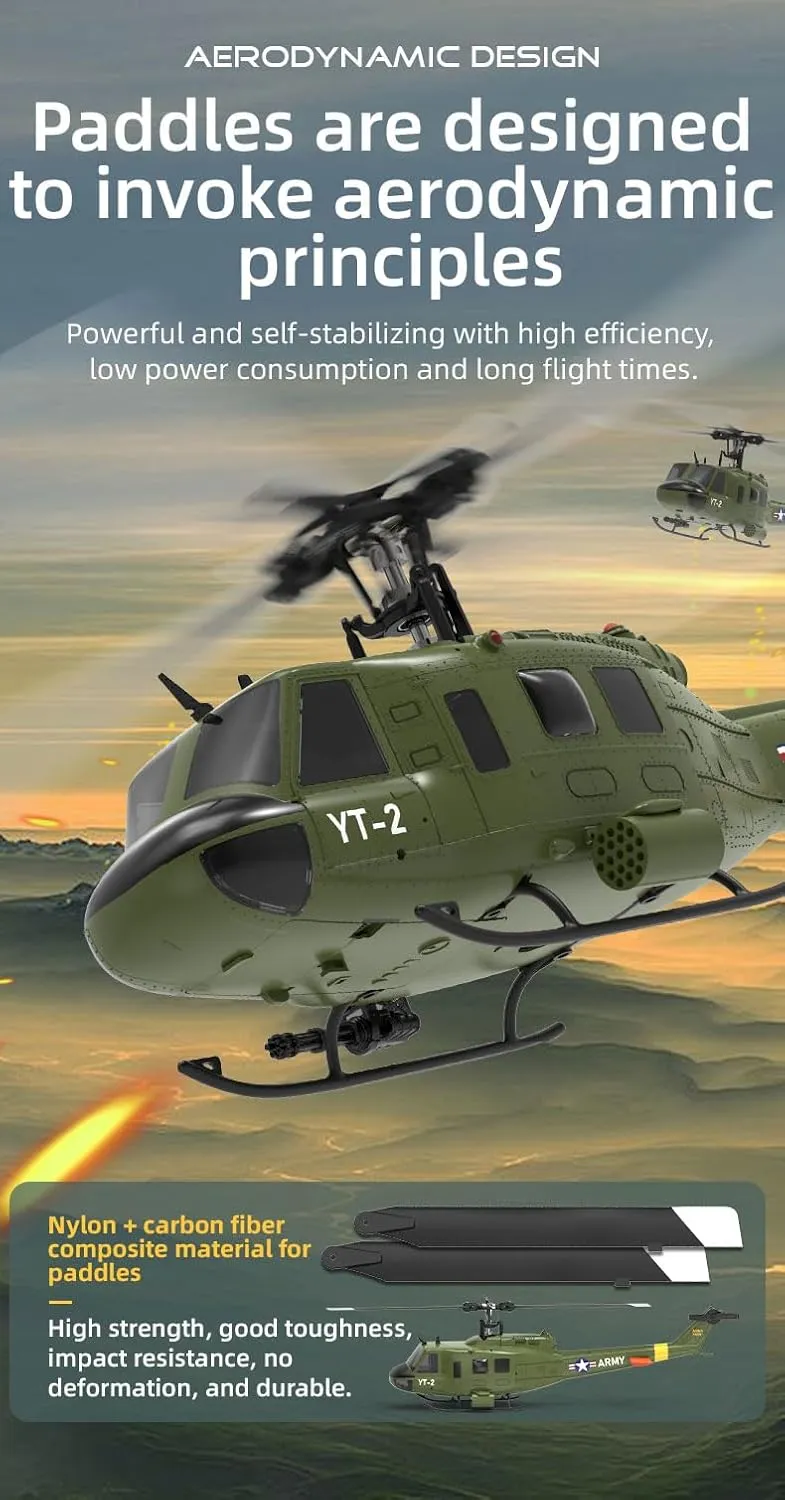 F07 UH-1 RC Helicopter for Adult, 1/34 Scale 6CH Brushless Direct-Drive Flybarless Helicopter Model with 6-Axis Gyro, 3D/6G RC Aircraft Model Toys (2 Batteries)