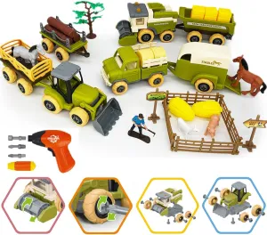 Farm Tractor Vehicle Toy Trucks with Trailer for Boys DIY Take Apart Vehicles Farming Playset Loader Pickup Tow Truck Logging Transport 35 Pieces STEM Toys 3 4 5 6 7 8 Year Old Kids Toddler Gifts