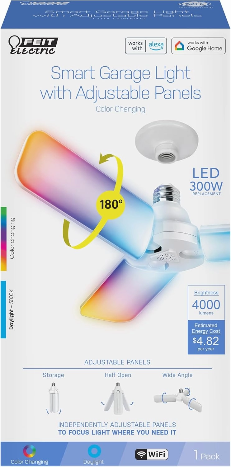 Feit Electric Smart LED Garage Light, RGBW 3 Panel, WiFi 2.4GHz, Screw-in LED Shop Light Bulb, Works with Alexa and Google Home Assistant, E26, 4000 Lumens, Garage Ceiling Light, ADJ4000/RGBW/LED/AG