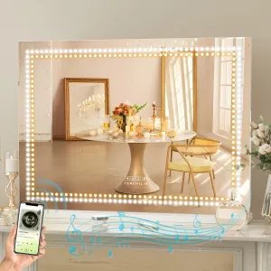FENCHILIN Vanity Mirror with Lights and Bluetooth Speaker 31.5"x 22.8" Makeup Mirror Lighted Hollywood Mirror with LED Light Beads USB Charge Port, 3 Color Lighting Modes
