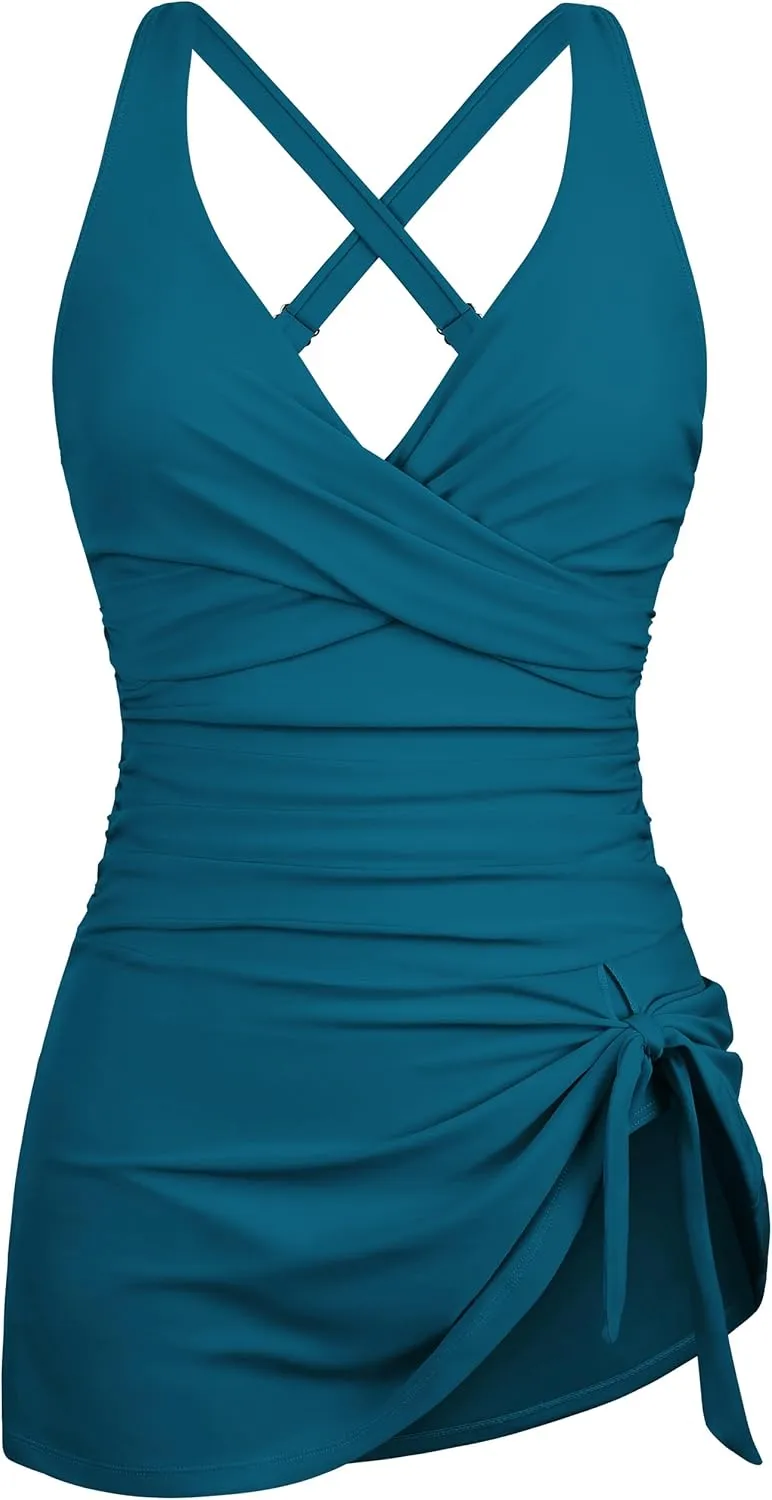 Firpearl Women's Underwire One Piece Swimdress Tummy Control Slimming Swim Dresses Criss Cross V Neck Skirt Bathing Suit