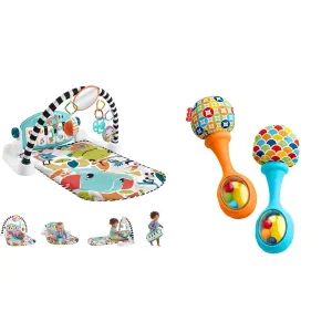 Fisher-Price Baby Activity Mat Glow and Grow Kick & Play Piano Gym & Newborn Toys Rattle 'n Rock Maracas, Set of 2 Soft Musical Instruments for Babies 3  Months, Blue Orange