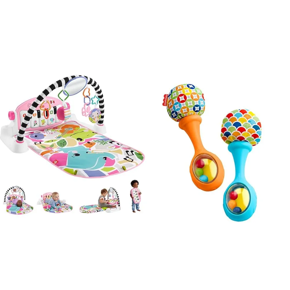 Fisher-Price Baby Activity Mat Glow and Grow Kick & Play Piano Gym, Portable Musical Toy with Smart & Fisher-Price Baby Newborn Toys Rattle 'n Rock Maracas, Set of 2 Soft Musical Instruments