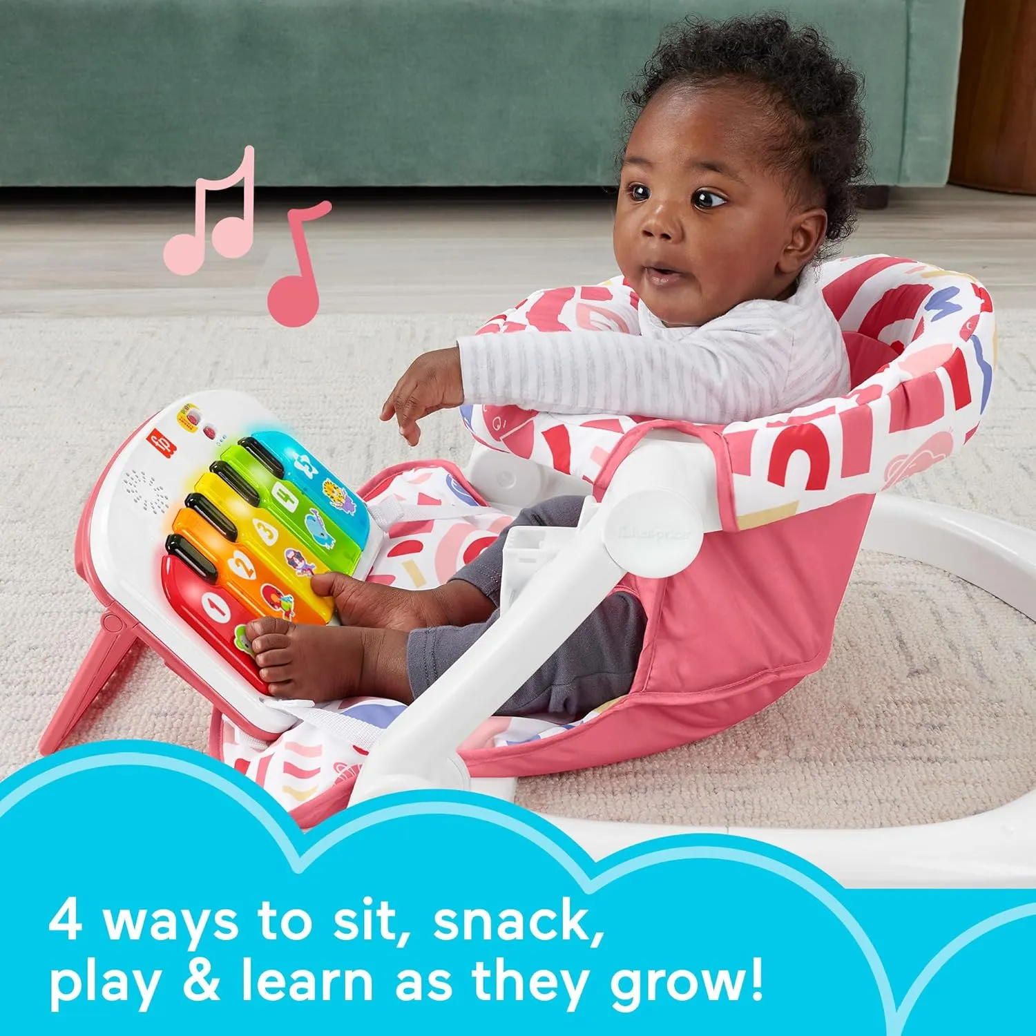 Fisher-Price Portable Baby Chair, Pink Kick & Play Deluxe Sit-Me-Up Seat with Piano Learning Toy & Snack Tray for Infants to Toddlers