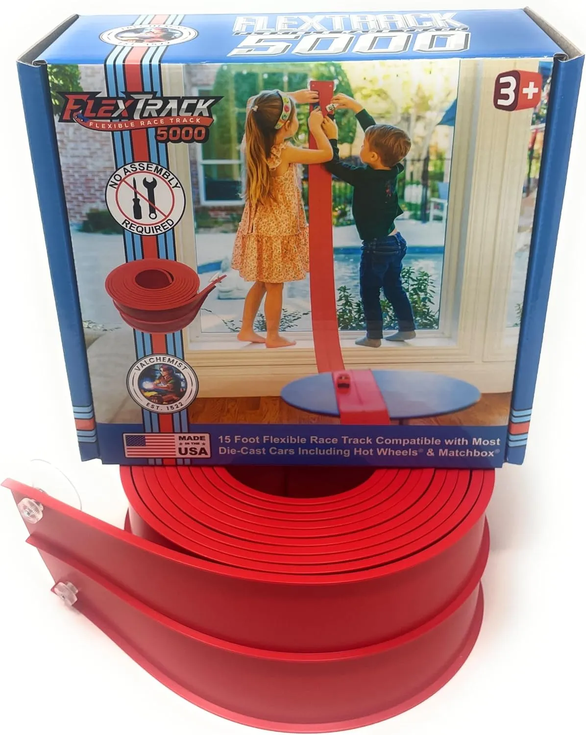 FlexTrack 5000 Flexible Race Car Track for Kids Toy with Suction Cups Compatible with Hot Wheels and Diecast 1/64th Cars and More 15 Feet Long Rolls Up Portable Racetrack (Rocket Red)