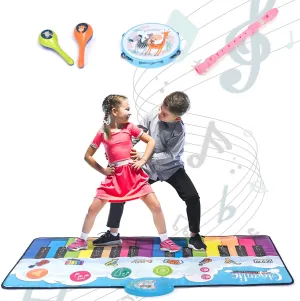 Floor Piano Mat for Kids – Large 4ft. Portable Play Mat – 24 Keys, 8 Inbuilt Sounds – Completed Set with 2 Maracas, Tambourine, and Flute – Ideal Gift for Ages 3  – Non-Slip, Compact & Portable - USA