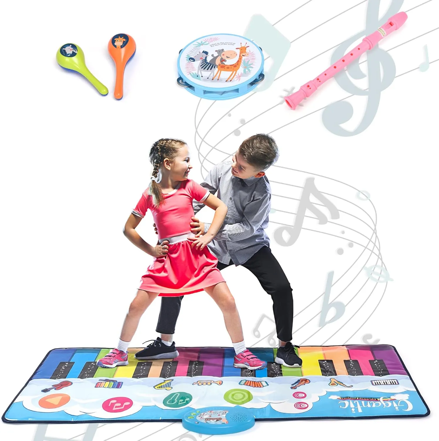 Floor Piano Mat for Kids – Large 4ft. Portable Play Mat – 24 Keys, 8 Inbuilt Sounds – Completed Set with 2 Maracas, Tambourine, and Flute – Ideal Gift for Ages 3  – Non-Slip, Compact & Portable - USA