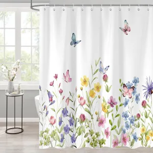 Flower Shower Curtain, Spring Colorful Floral Cute Butterfly Nature Plant Bathroom Accessory Set, Polyester Fabric Waterproof Shower Curtain for Bathroom with 12 Hooks 72x72 inch