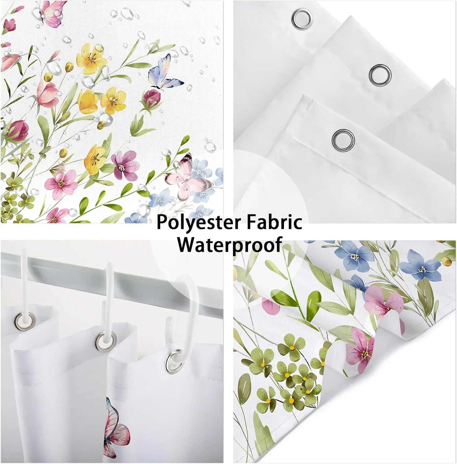 Flower Shower Curtain, Spring Colorful Floral Cute Butterfly Nature Plant Bathroom Accessory Set, Polyester Fabric Waterproof Shower Curtain for Bathroom with 12 Hooks 72x72 inch