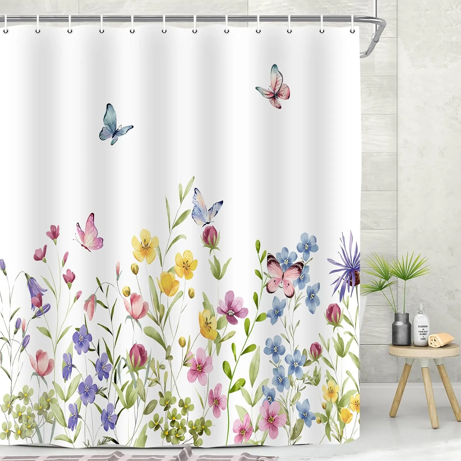 Flower Shower Curtain, Spring Colorful Floral Cute Butterfly Nature Plant Bathroom Accessory Set, Polyester Fabric Waterproof Shower Curtain for Bathroom with 12 Hooks 72x72 inch
