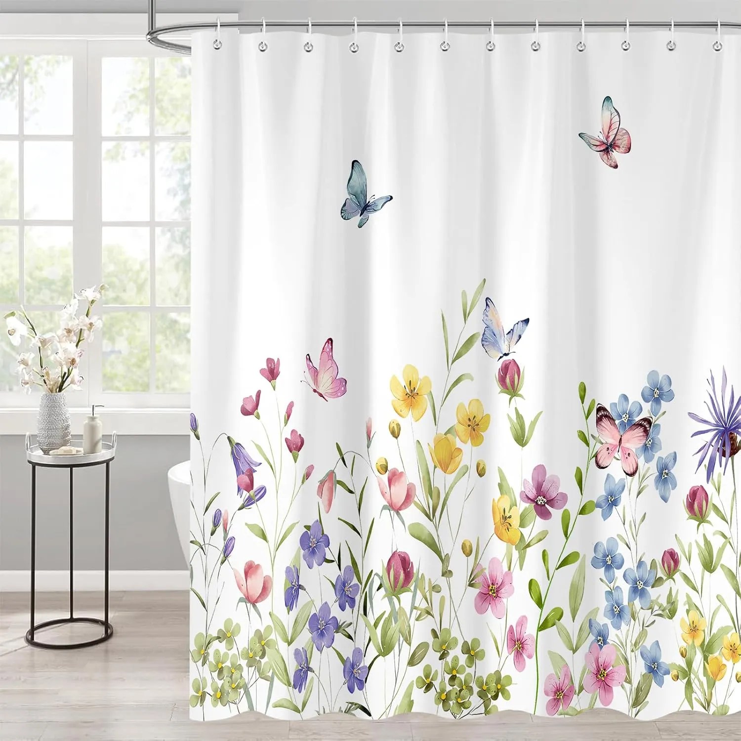 Flower Shower Curtain, Spring Colorful Floral Cute Butterfly Nature Plant Bathroom Accessory Set, Polyester Fabric Waterproof Shower Curtain for Bathroom with 12 Hooks 72x72 inch