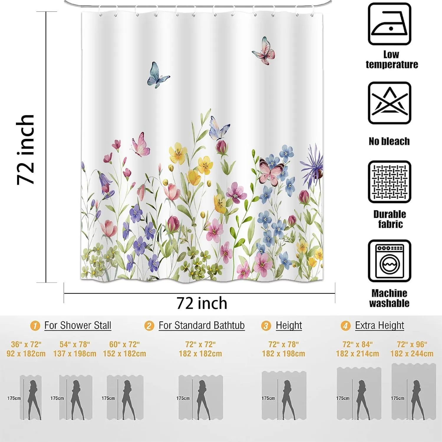Flower Shower Curtain, Spring Colorful Floral Cute Butterfly Nature Plant Bathroom Accessory Set, Polyester Fabric Waterproof Shower Curtain for Bathroom with 12 Hooks 72x72 inch